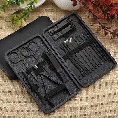 BLACK STAINLESS STEEL 18 PIECES MANICURE SET – NAIL CLIPPER & PEDICURE KIT FOR HOME BEAUTY CARE