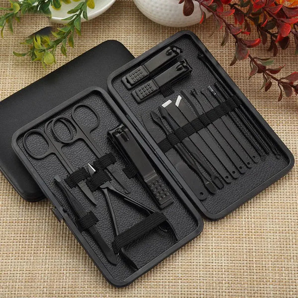 BLACK STAINLESS STEEL 18 PIECES MANICURE SET – NAIL CLIPPER & PEDICURE KIT FOR HOME BEAUTY CARE
